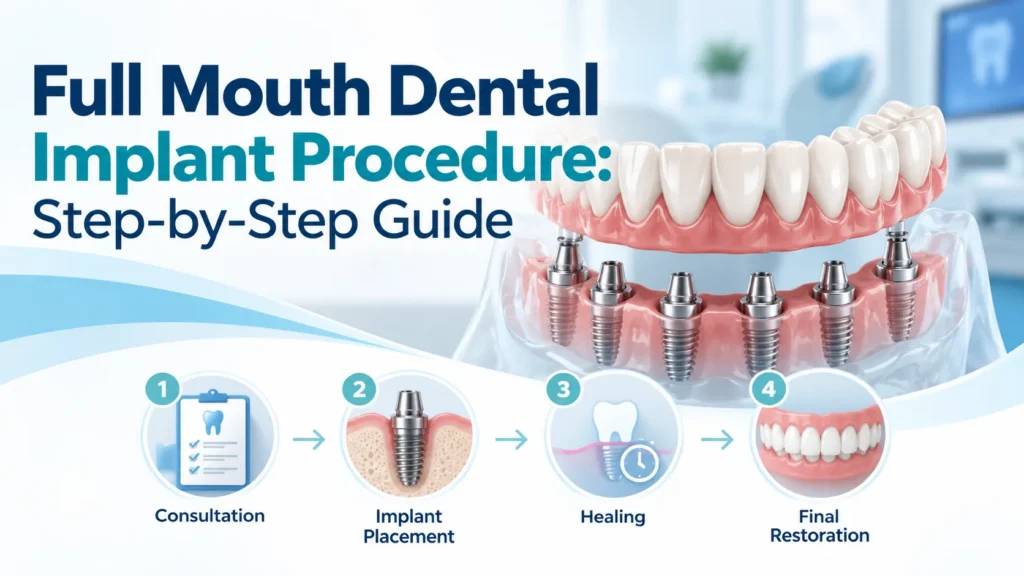 Illustration of a full-mouth dental implant restoration with four treatment stages: consultation, implant placement, healing, and final restoration.