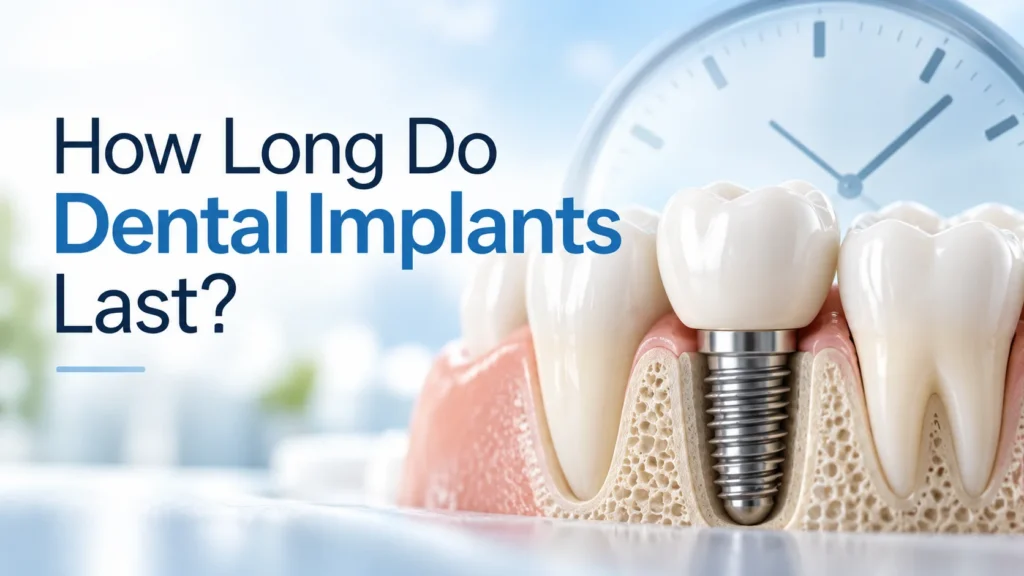 3D illustration of a dental implant with a titanium screw and tooth crown embedded in the jawbone, with a clock representing dental implant longevity.